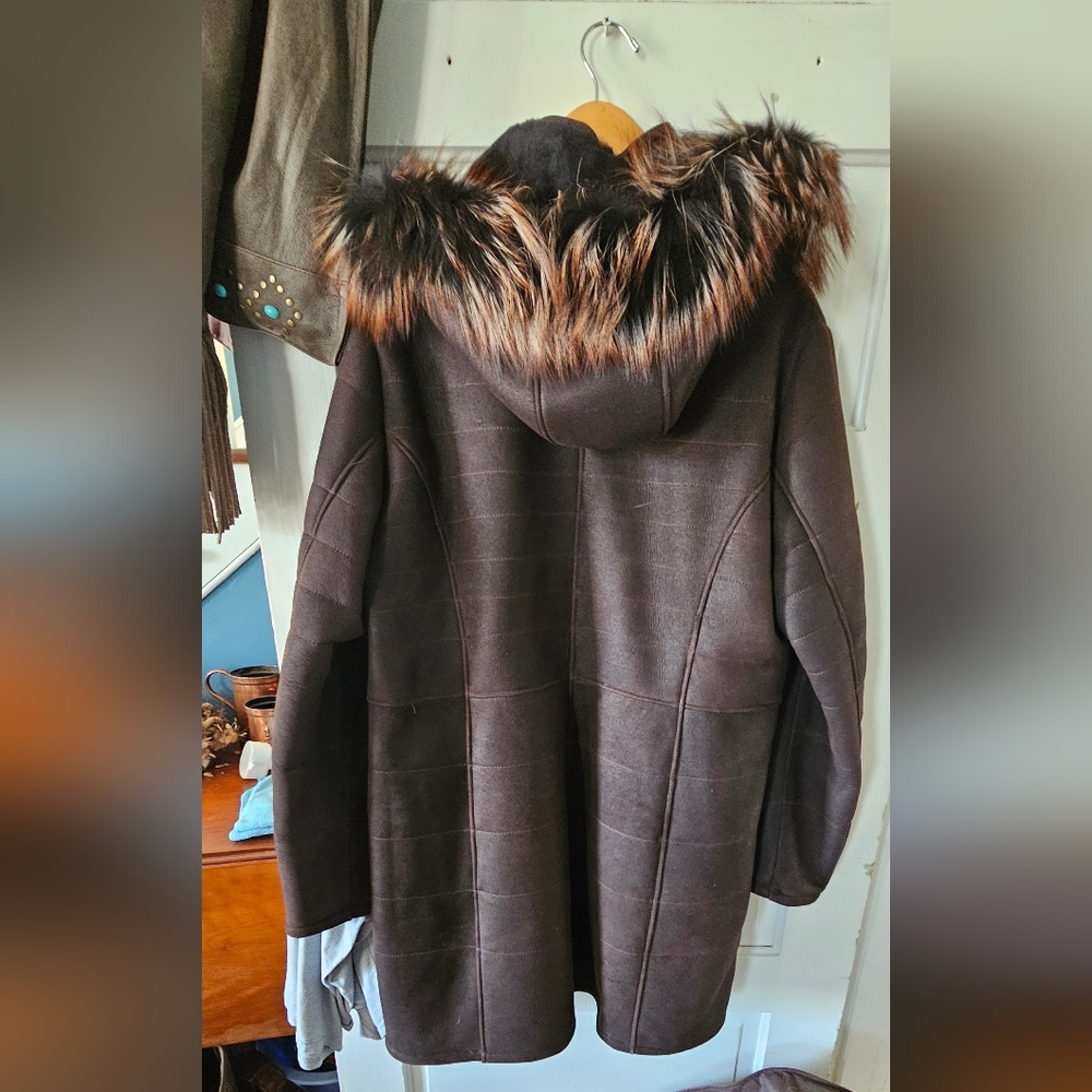 Deep Brown Fleece Wool Line with REAL Fur Hood. Never Worn!! New In Bag